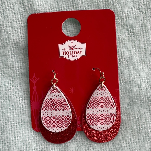 Holiday Time Jewelry - Holiday Time Fair Isle Red White Double Tier Glitter Teardrop Dangle Earrings